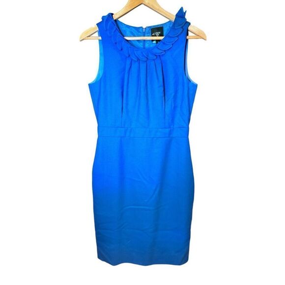 J Crew Suiting Blue Wool Blend Ruffle Neck Sheath Dress Size 6 Career Office - Picture 1 of 6